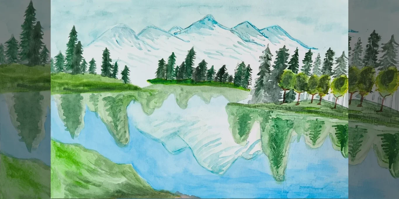 Spiegelsee im Schwarzwald, 2026. Aquarell auf Papier, 30x42 cm. Ein ruhiger See spiegelt die Berge und den Himmel im Schwarzwald in einem Landschaftsbild von Laura Summer.