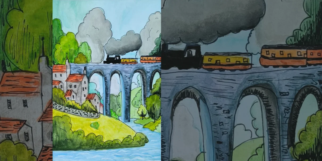 Über Brücken in die Ferne, 2026. Aquarell + Fineliner auf Papier, 30x20 cm. Eine Landschaft mit Brücken, Wegen und weiter Ferne im Stil einer farbenfrohen Malerei von Laura Summer.