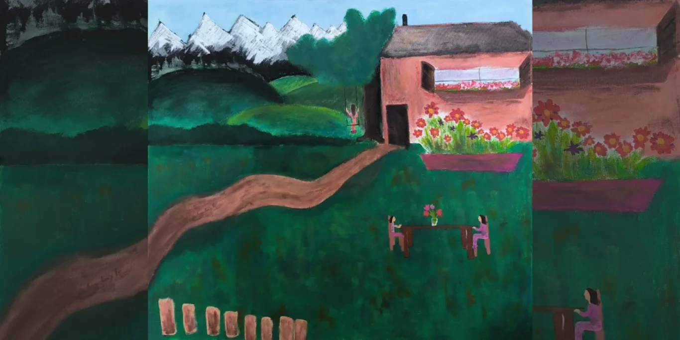 Alle zuhause, 2026. Acryl auf Leinwand, 58x75 cm. Eine farbenfrohe Szene, die das Gefühl von Zuhause, Zusammengehörigkeit und Geborgenheit vermittelt.